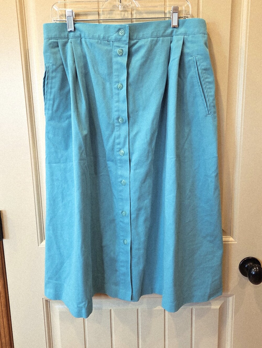 Vintage Koret Teal Button-Front Midi Skirt - Size 18 - Pleated w/ Pockets